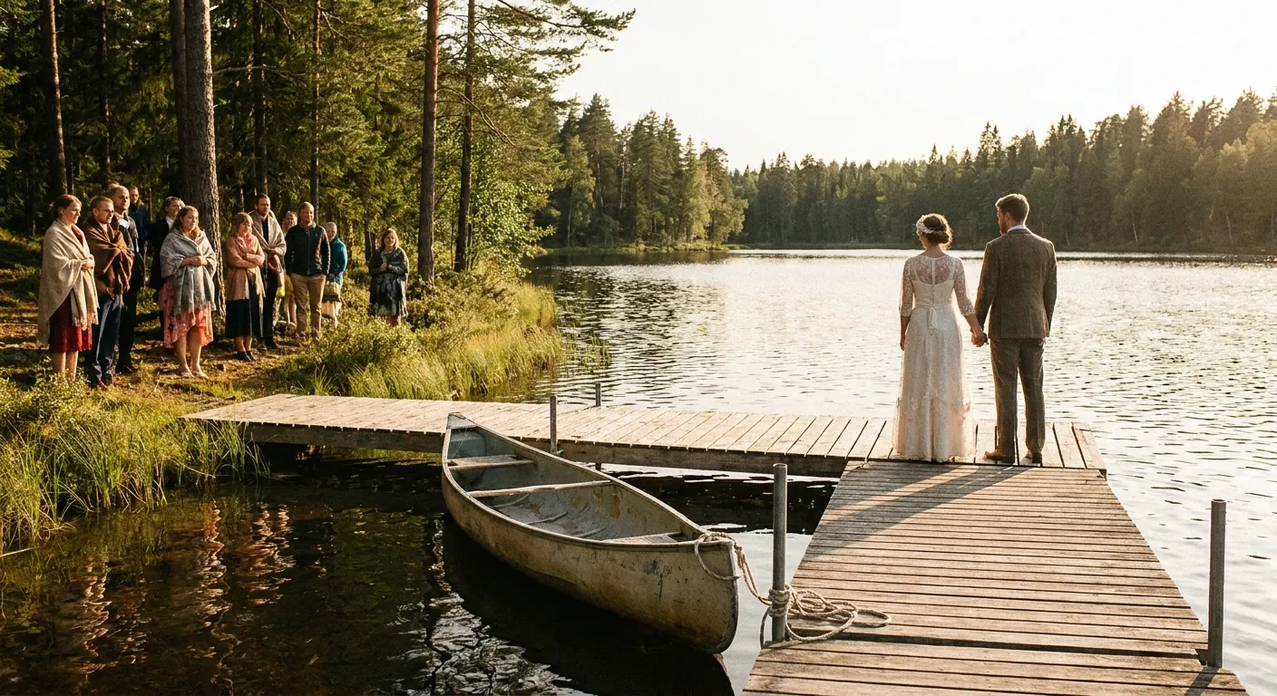 Couple at the end of a wooden dock on a forest lake with guests on the shore