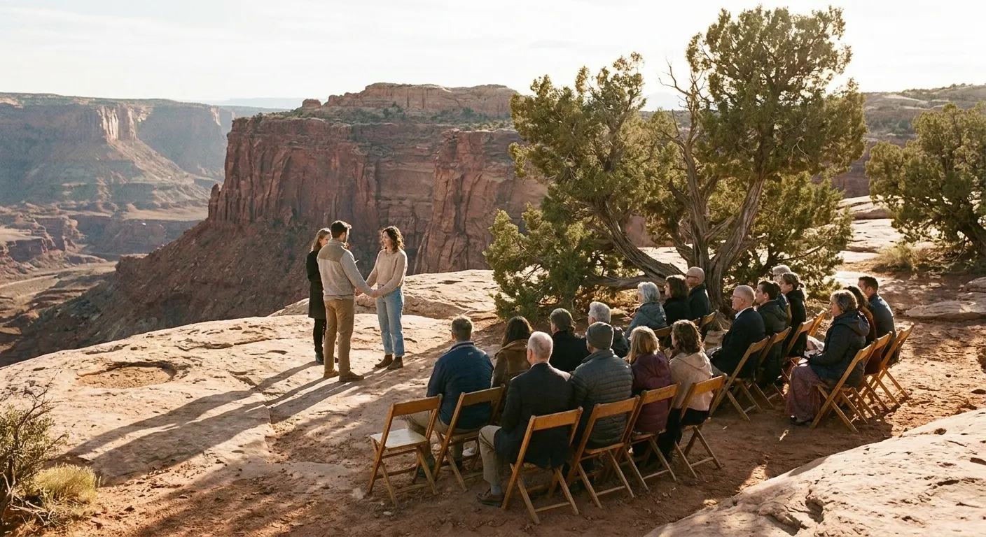 Small ceremony on a red rock overlook above a desert canyon