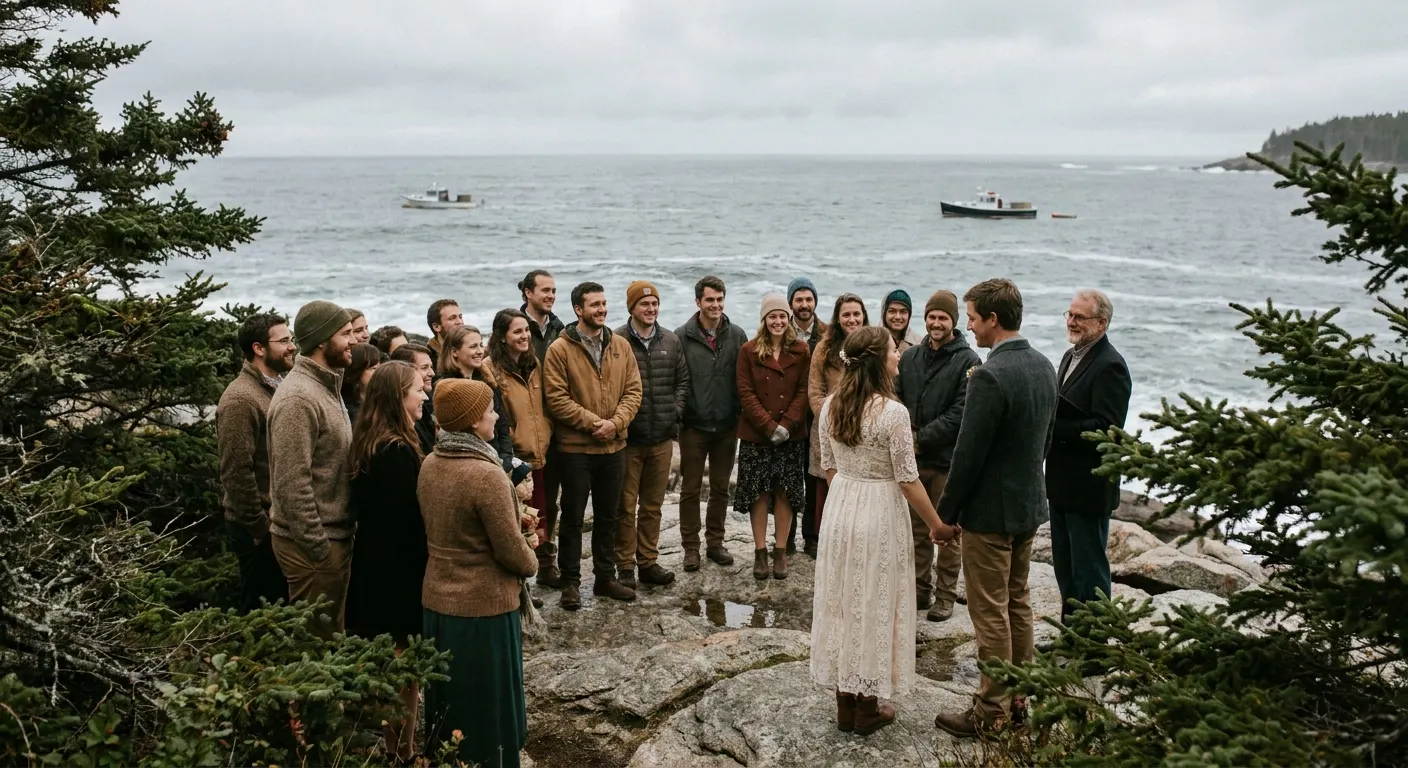 Guests gathered on a rocky shoreline for a ceremony by the sea