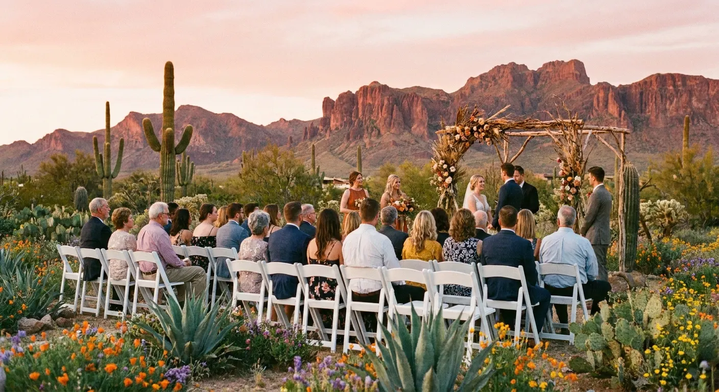 Outdoor ceremony among saguaro cactus and desert wildflowers below red mountains