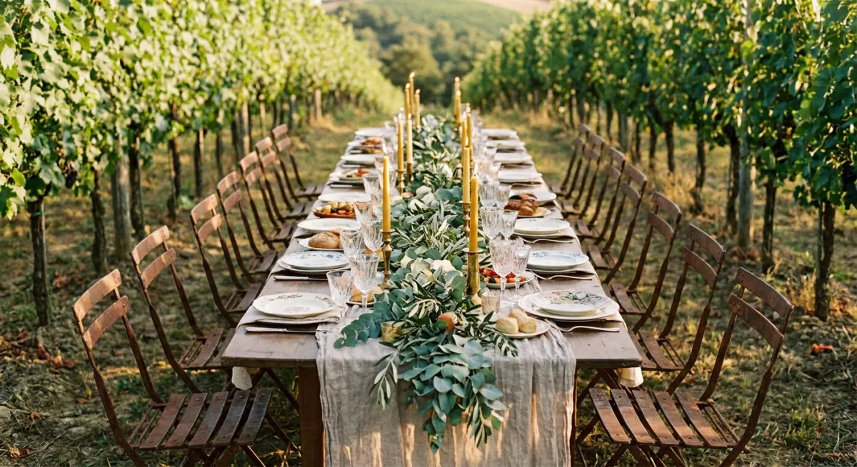 A ceremony set among vineyard rows in late light