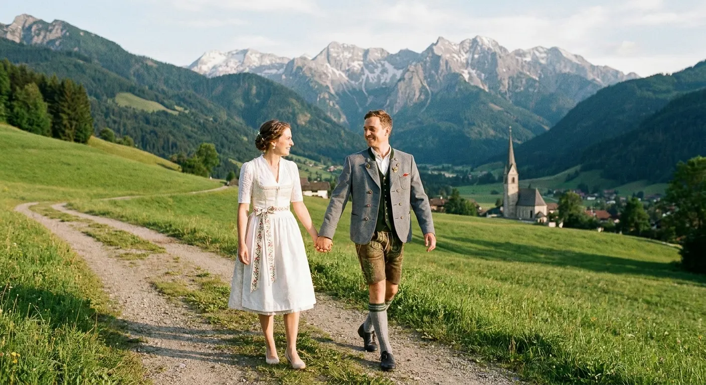 Brautpaar in Tracht auf einem Wiesenweg vor den Alpen (Symbolbild)