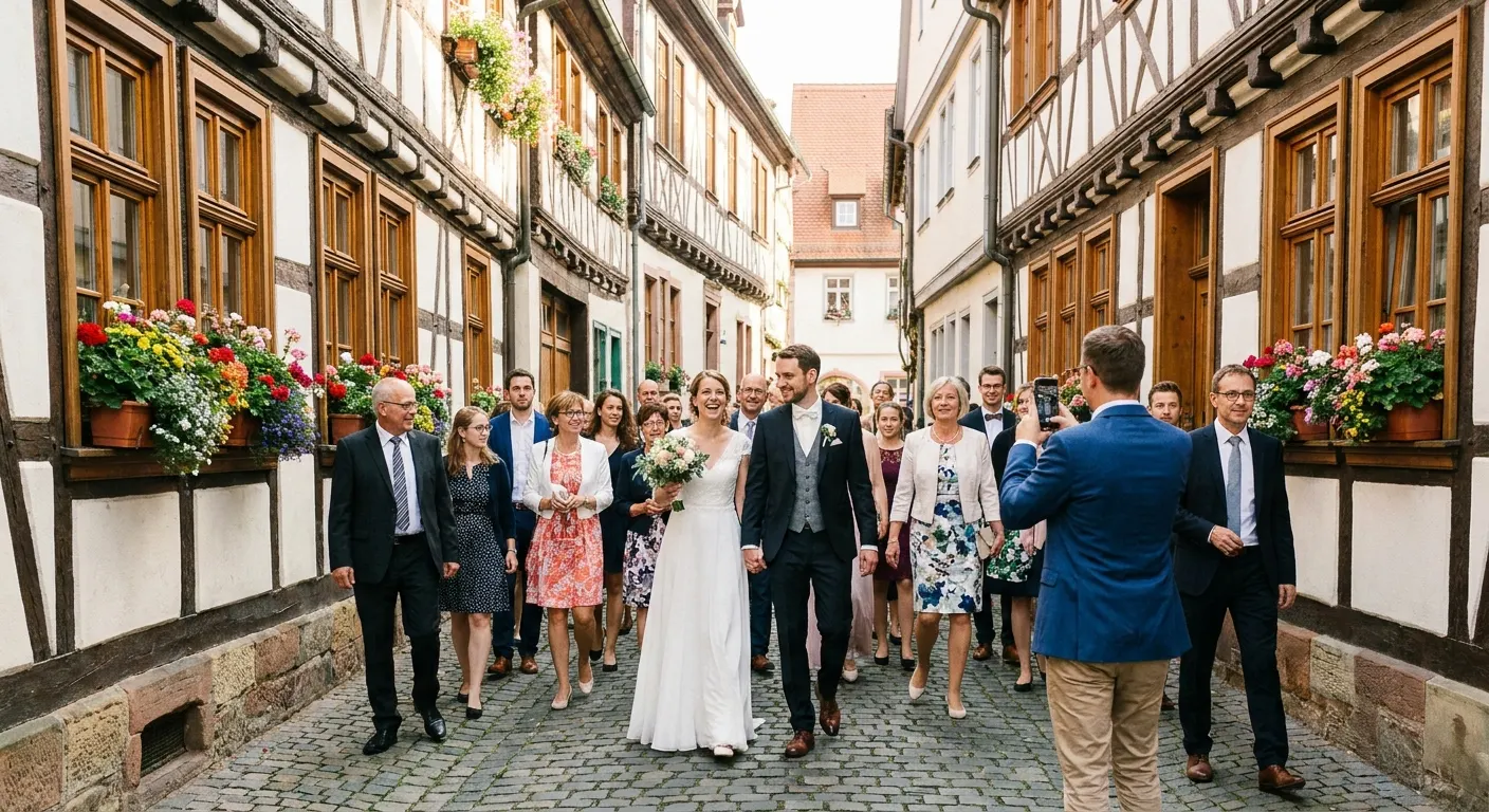 Hochzeitsgesellschaft in einer Altstadtgasse mit Fachwerkhäusern (Symbolbild)