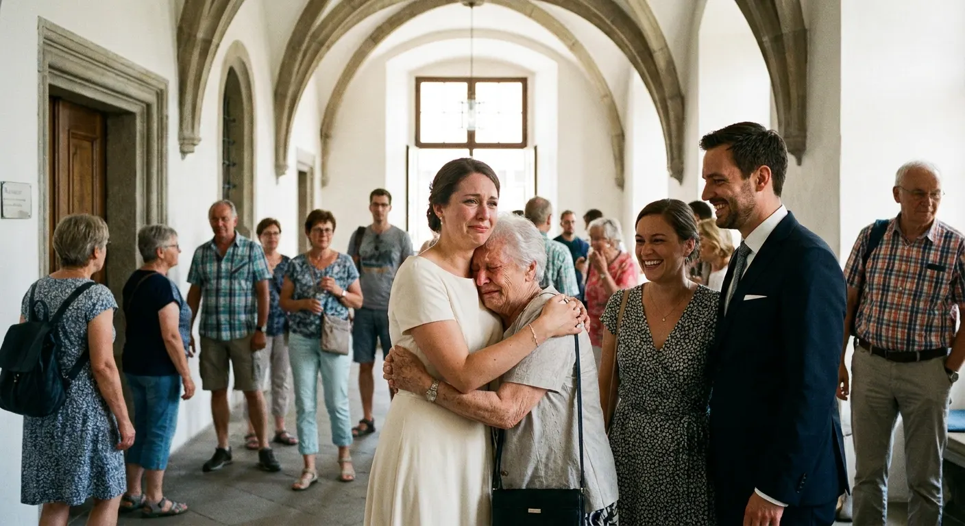 Braut im Hochzeitskleid umarmt ihre Großmutter nach der Trauung (Symbolbild)