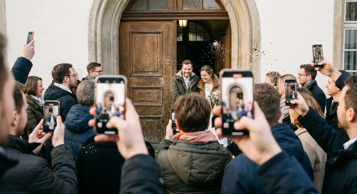 Gäste fotografieren das Brautpaar mit ihren Handys (Symbolbild)
