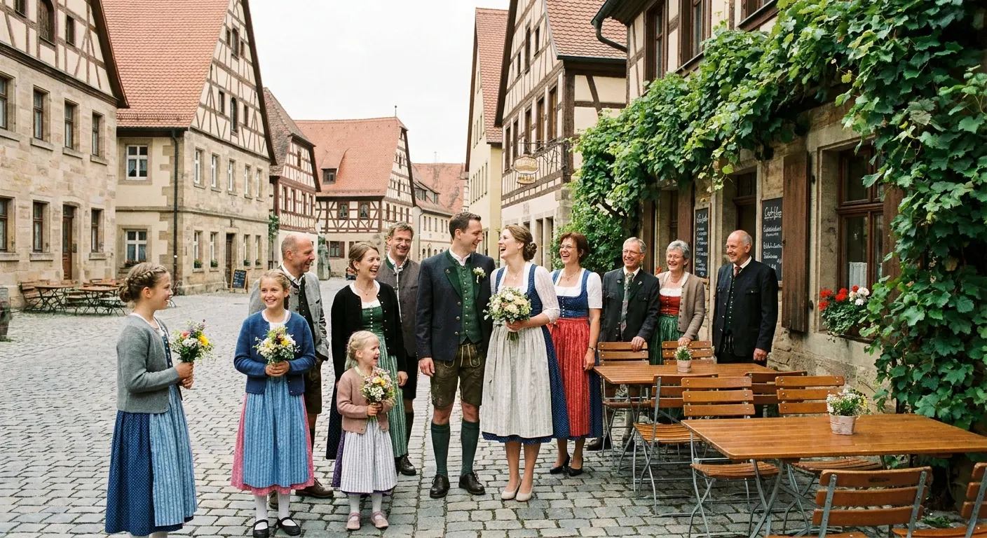 Brautpaar mit Familie auf einem Marktplatz mit Giebelhäusern (Symbolbild)