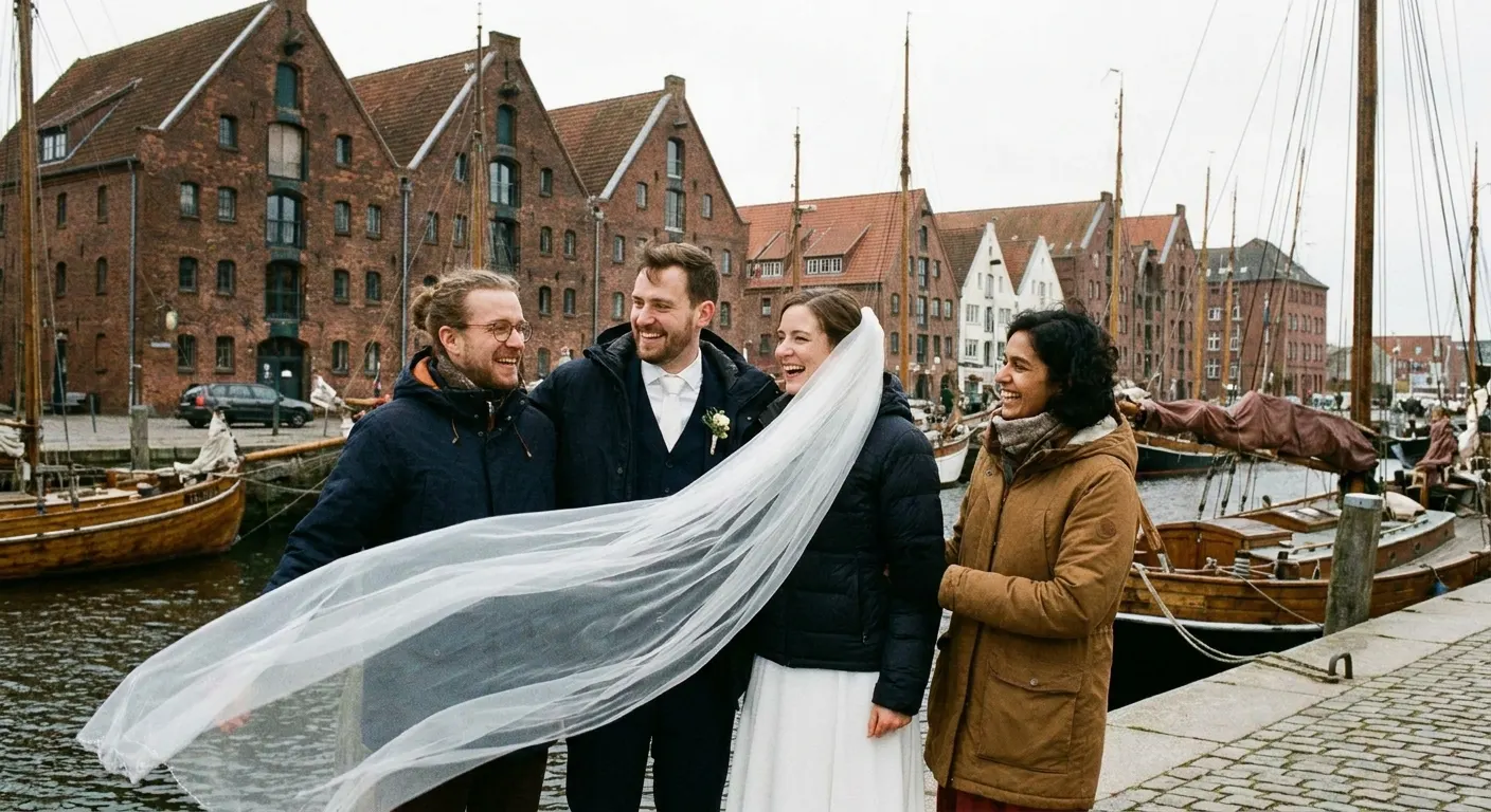 Brautpaar mit Freunden an einem Hafen mit Backstein-Speichern, der Schleier weht im Wind (Symbolbild)