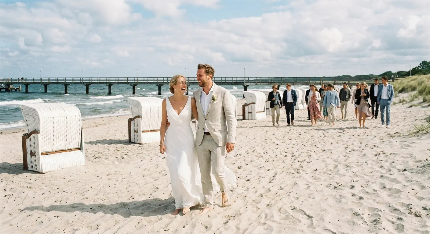 Brautpaar barfuß am Ostseestrand mit Seebrücke und Strandkörben (Symbolbild)