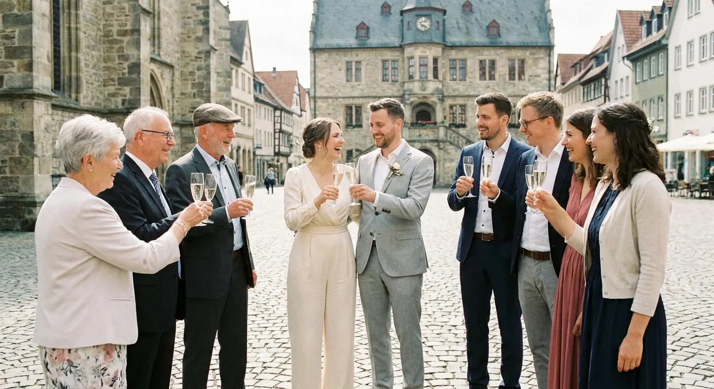 Brautpaar und Familie stoßen mit Sekt an (Symbolbild)