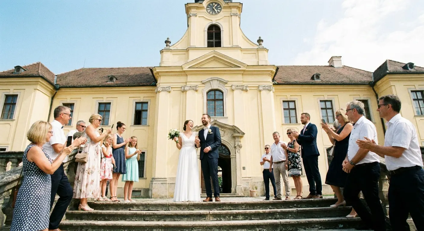 Brautpaar nach der standesamtlichen Trauung auf einer Schlosstreppe (Symbolbild)