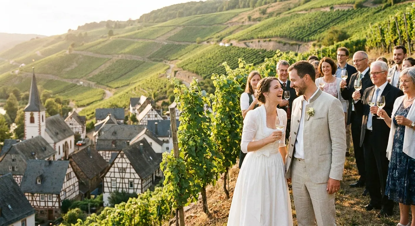 Brautpaar mit Gästen zwischen Weinbergterrassen (Symbolbild)