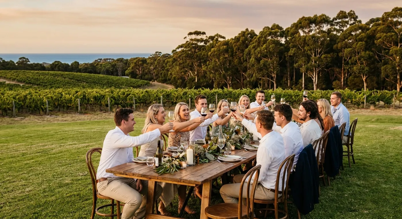 Guests at a long table on a winery lawn near the coast