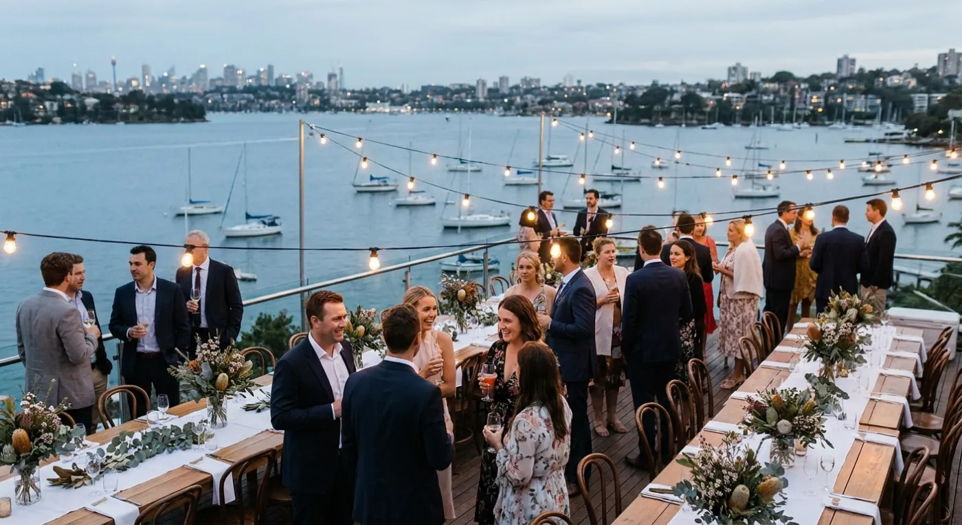 Wedding guests at a long table on a terrace above a harbour (illustrative photo)