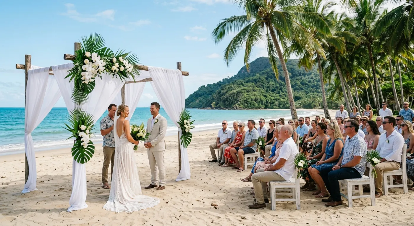 A tropical beach ceremony with palms and a white arch