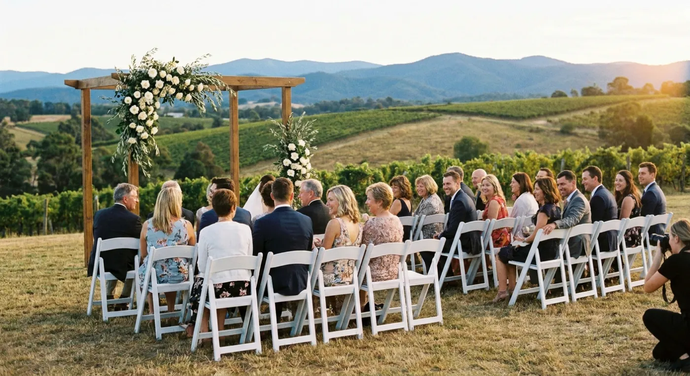 A vineyard ceremony with rows of white chairs and hills behind