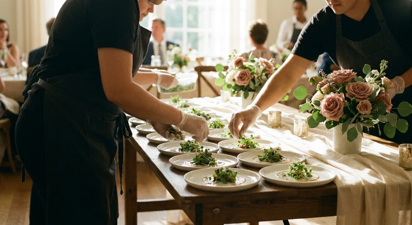 Catering-Team richtet Vorspeisenteller an einer Tafel mit Rosen an (Symbolbild)