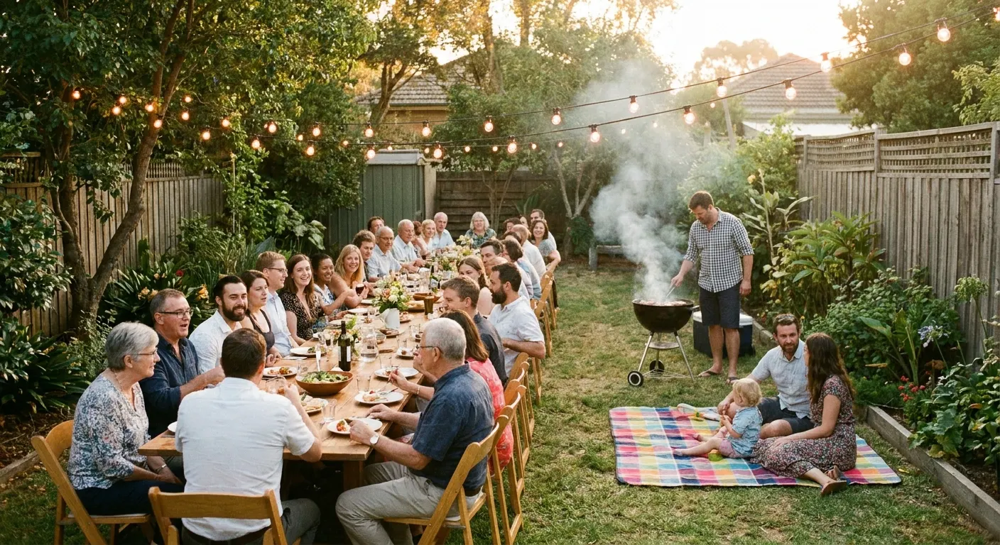 A small backyard wedding dinner at one long table under string lights