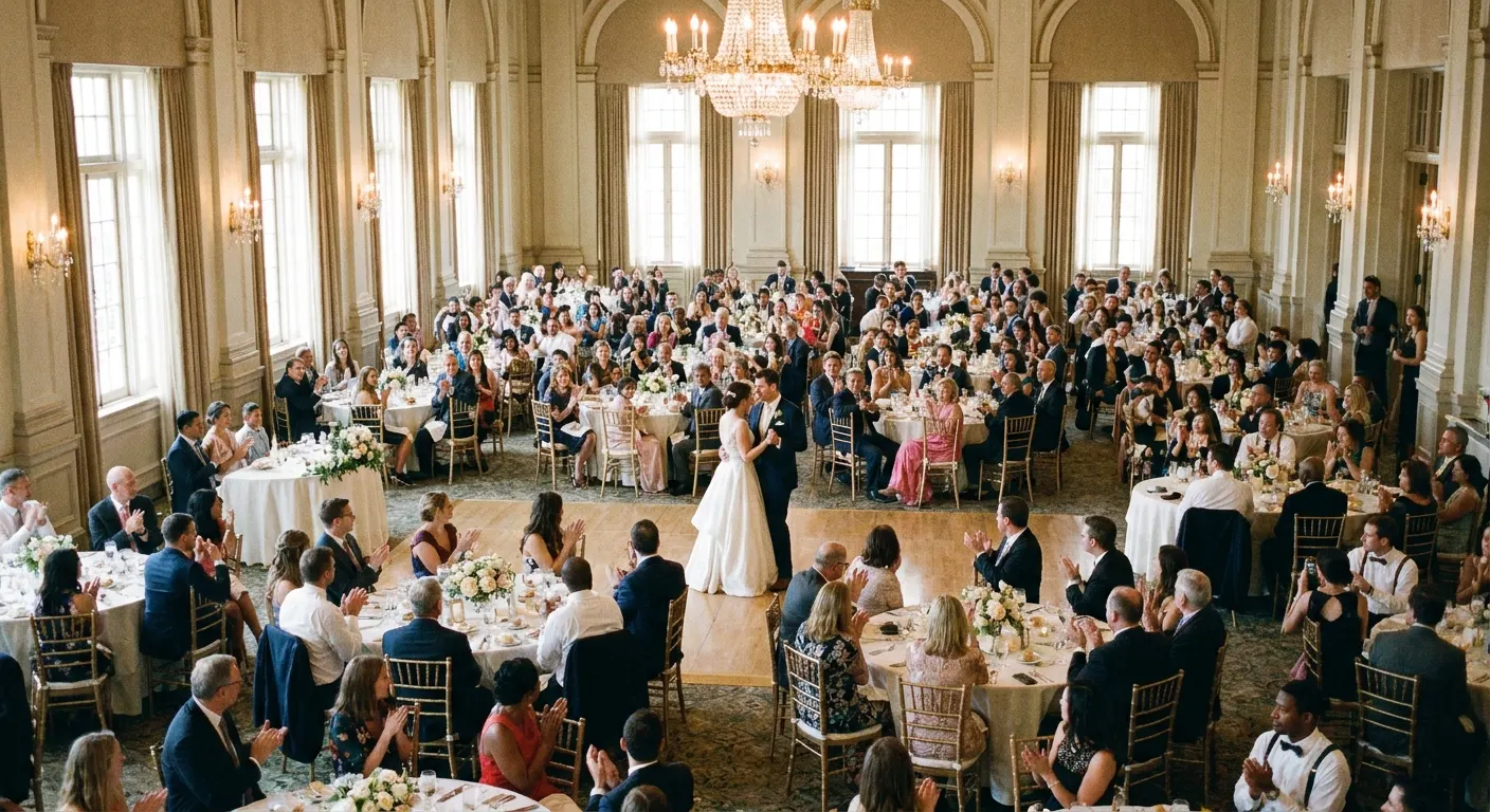 A large ballroom wedding reception with round tables and a first dance under chandeliers