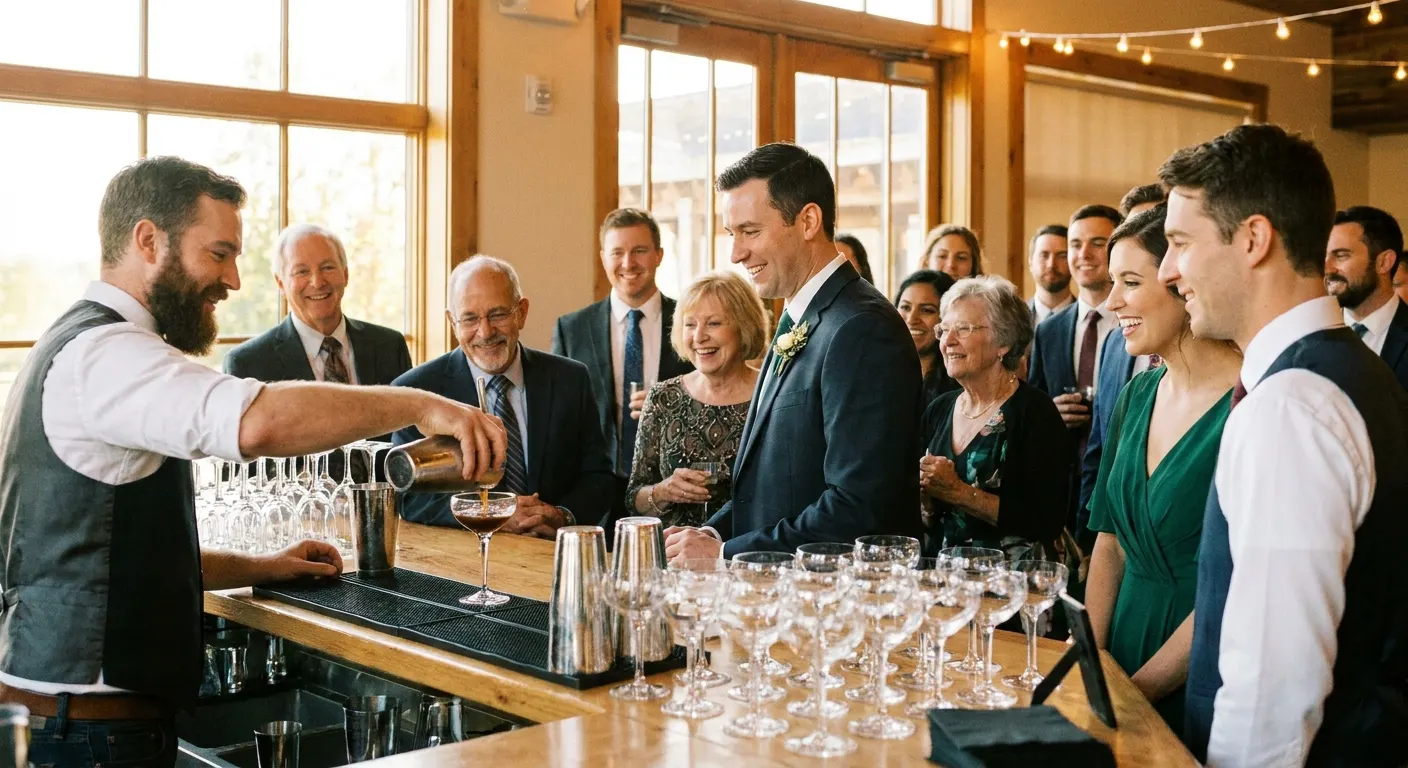 A bartender pouring drinks for smiling guests at a wedding reception bar
