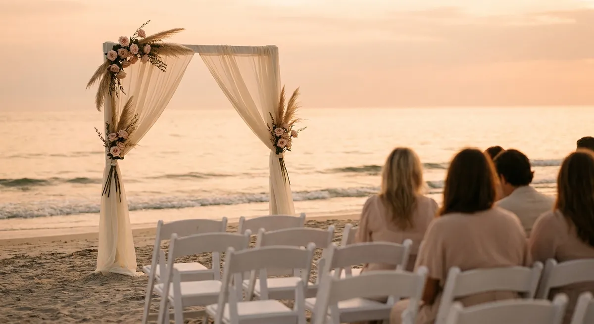 Illustrative beach wedding ceremony at sunset with a draped arch and white chairs