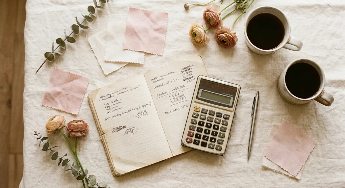 Illustrative wedding budget notebook with a calculator, coffee and fabric swatches