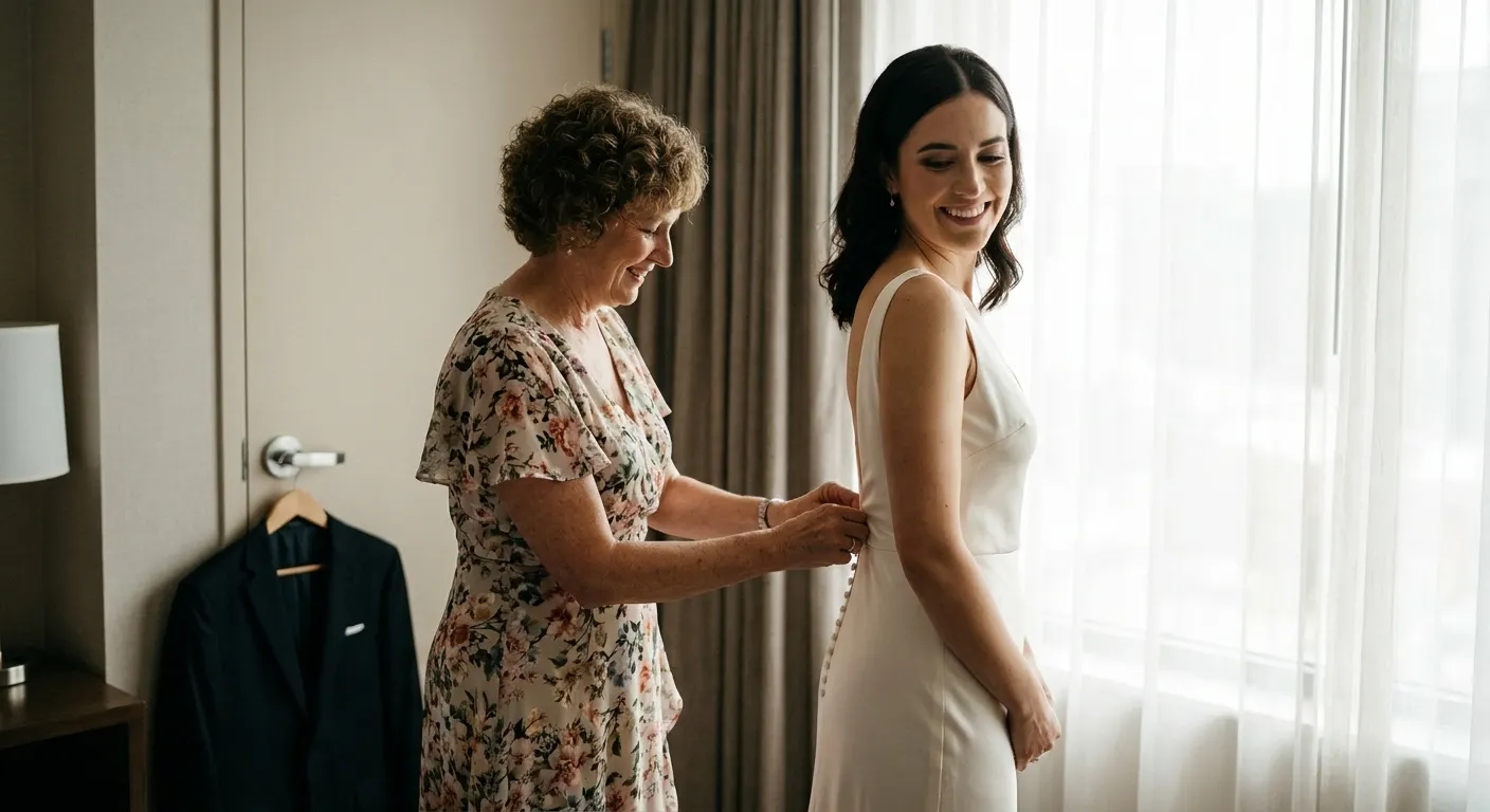 A mother buttoning the back of an ivory wedding gown by a sunny window