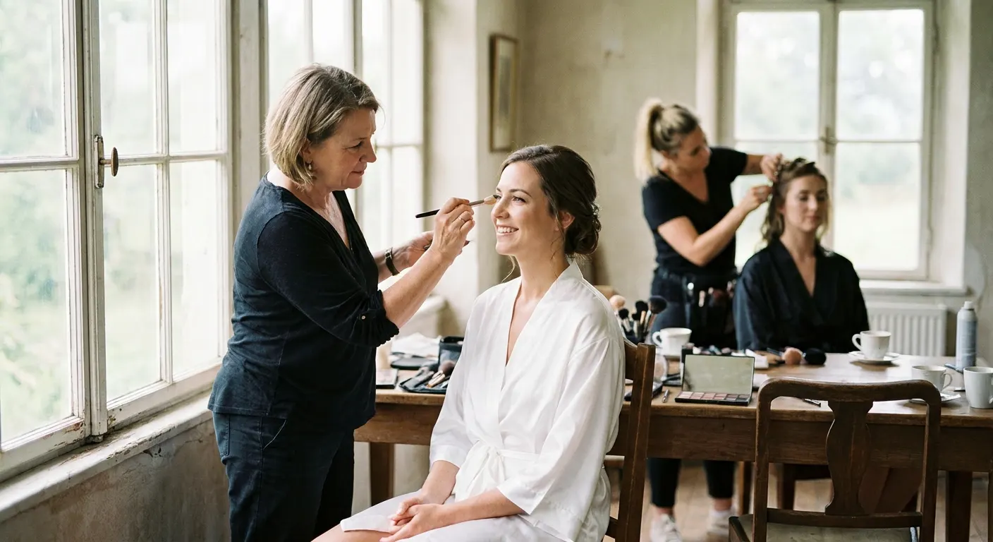 A makeup artist doing a bride's makeup by a window while a stylist pins hair behind her