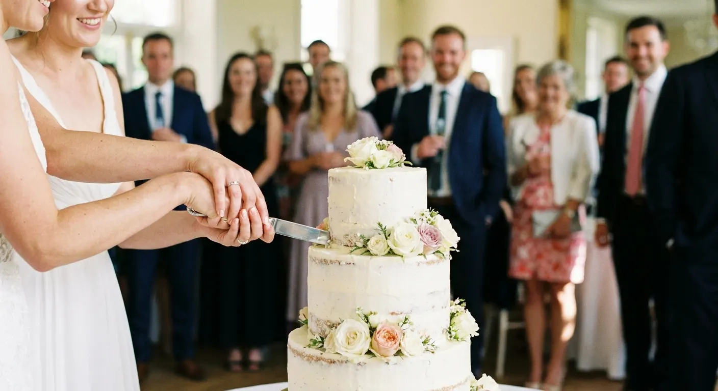 A couple cutting a three tier buttercream wedding cake decorated with fresh flowers