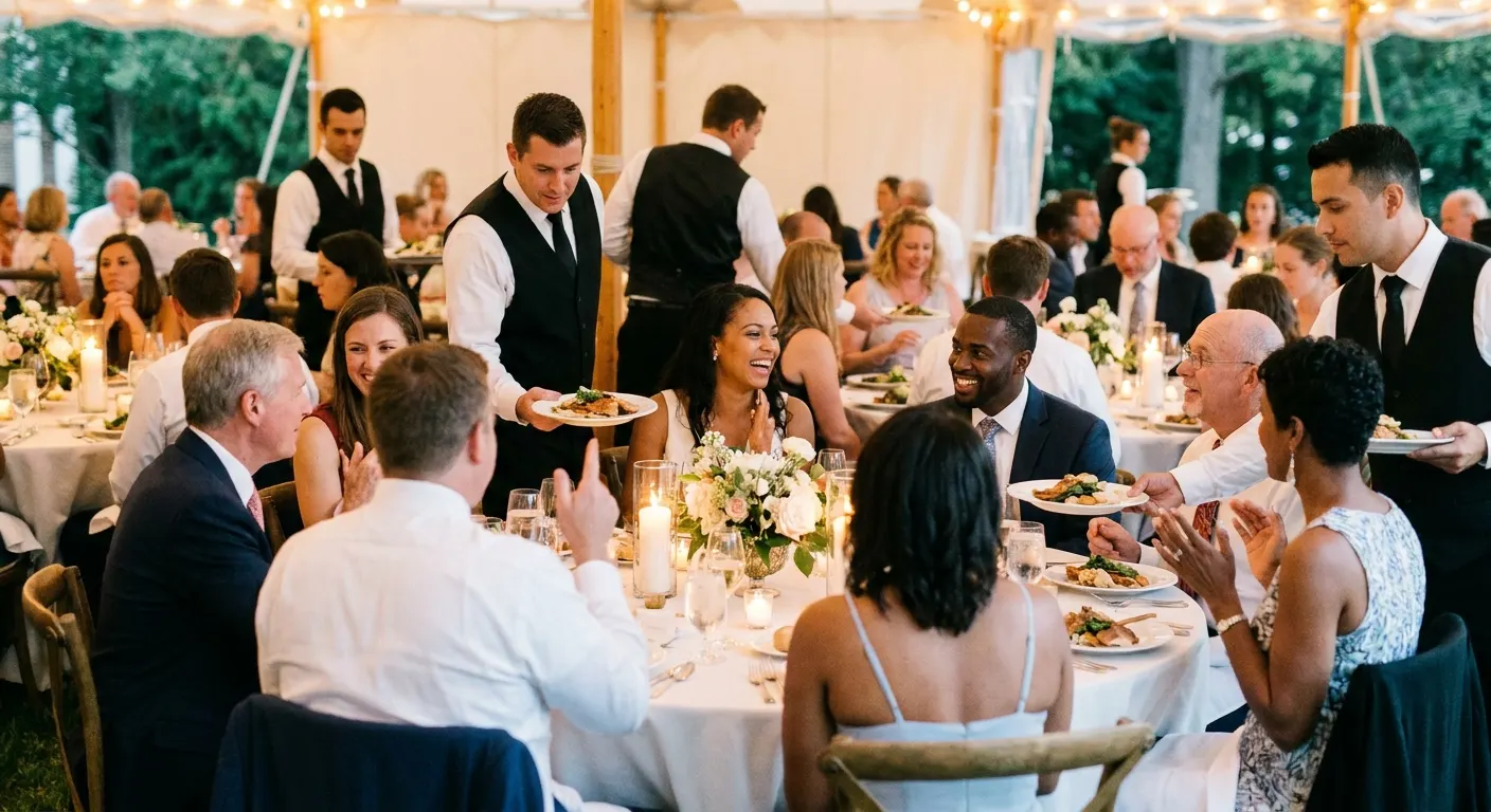 Servers bringing plated dinners to wedding guests at round tables under a tent