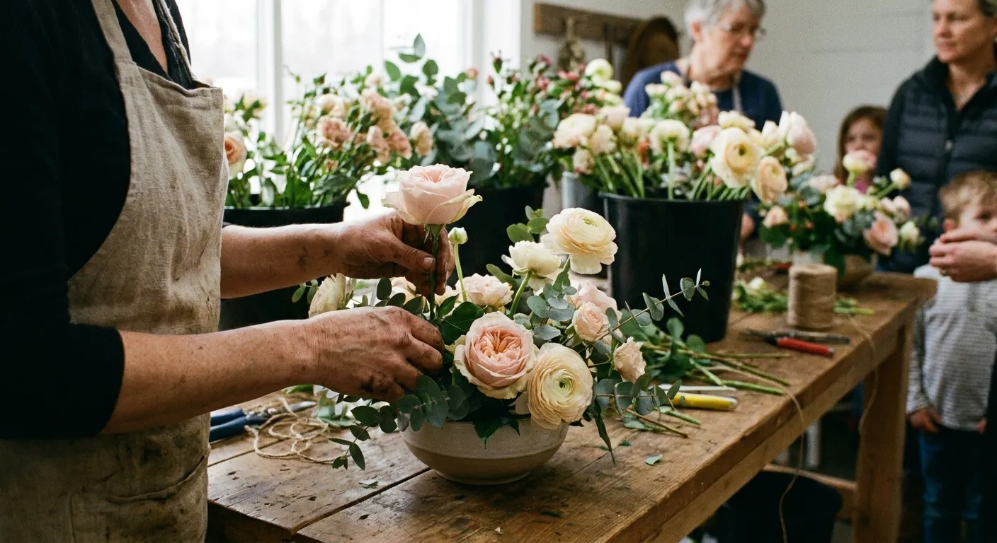 A florist arranging a low centerpiece of garden roses and ranunculus on a work table