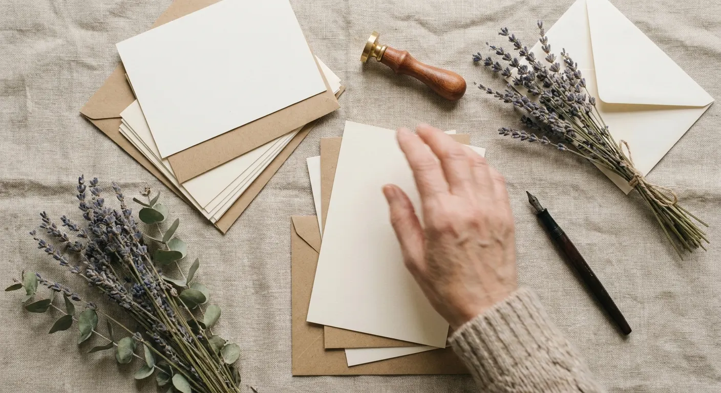 Blank wedding invitation cards, kraft envelopes, a wax seal and lavender on linen