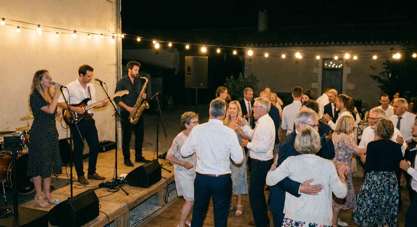 A live wedding band playing on a small stage while guests dance under string lights
