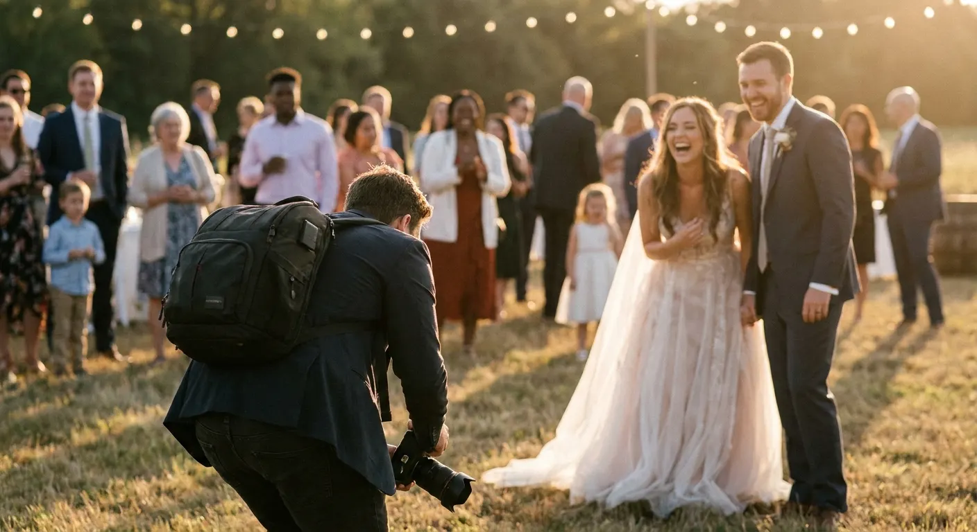 A wedding photographer crouching to photograph a laughing couple at golden hour