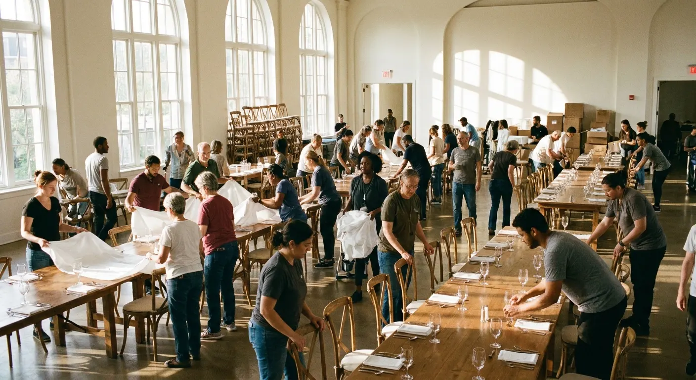 Event staff setting long reception tables in a bright hall the afternoon before a wedding