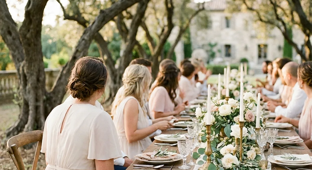 A garden wedding reception at a long table under olive trees