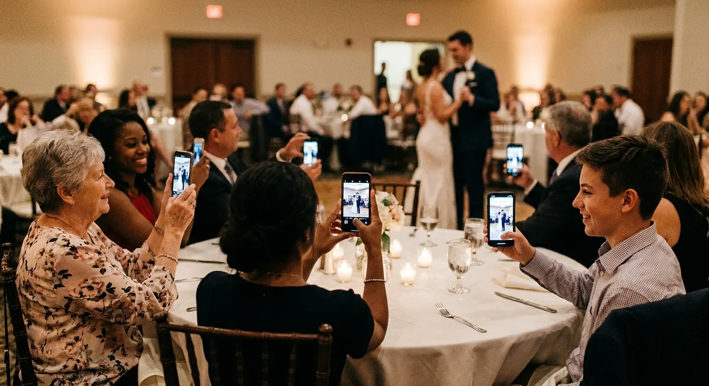 Wedding guests holding up their phones to photograph the couple's first dance