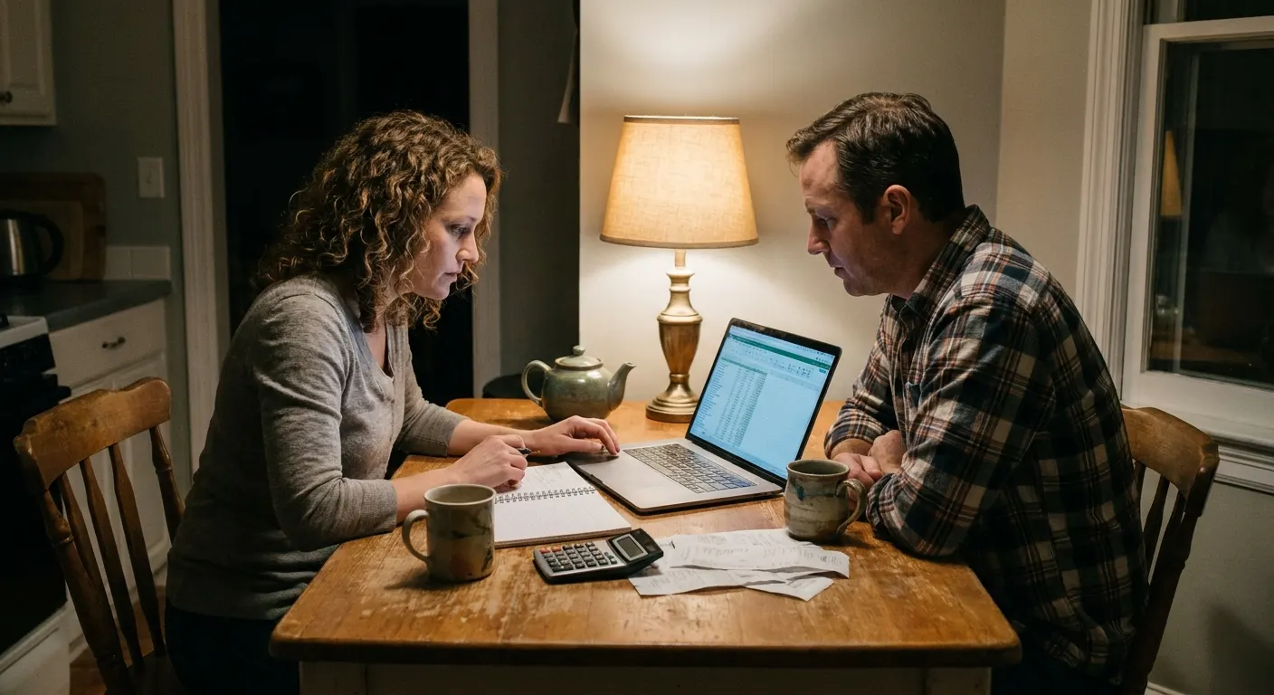 A couple planning their wedding budget at a kitchen table with a laptop, notebook and calculator
