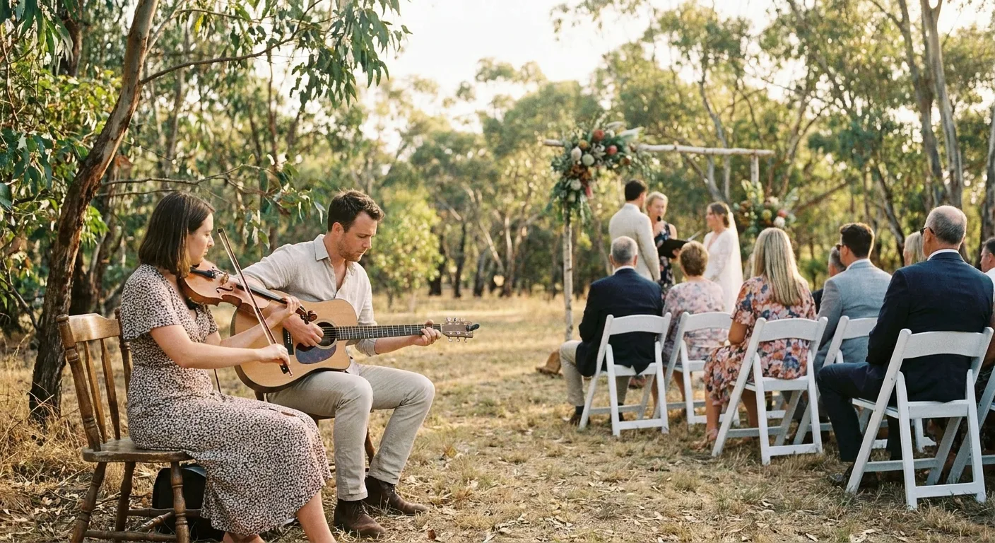 A violinist and an acoustic guitarist playing beside an outdoor ceremony among gum trees (illustrative photo)