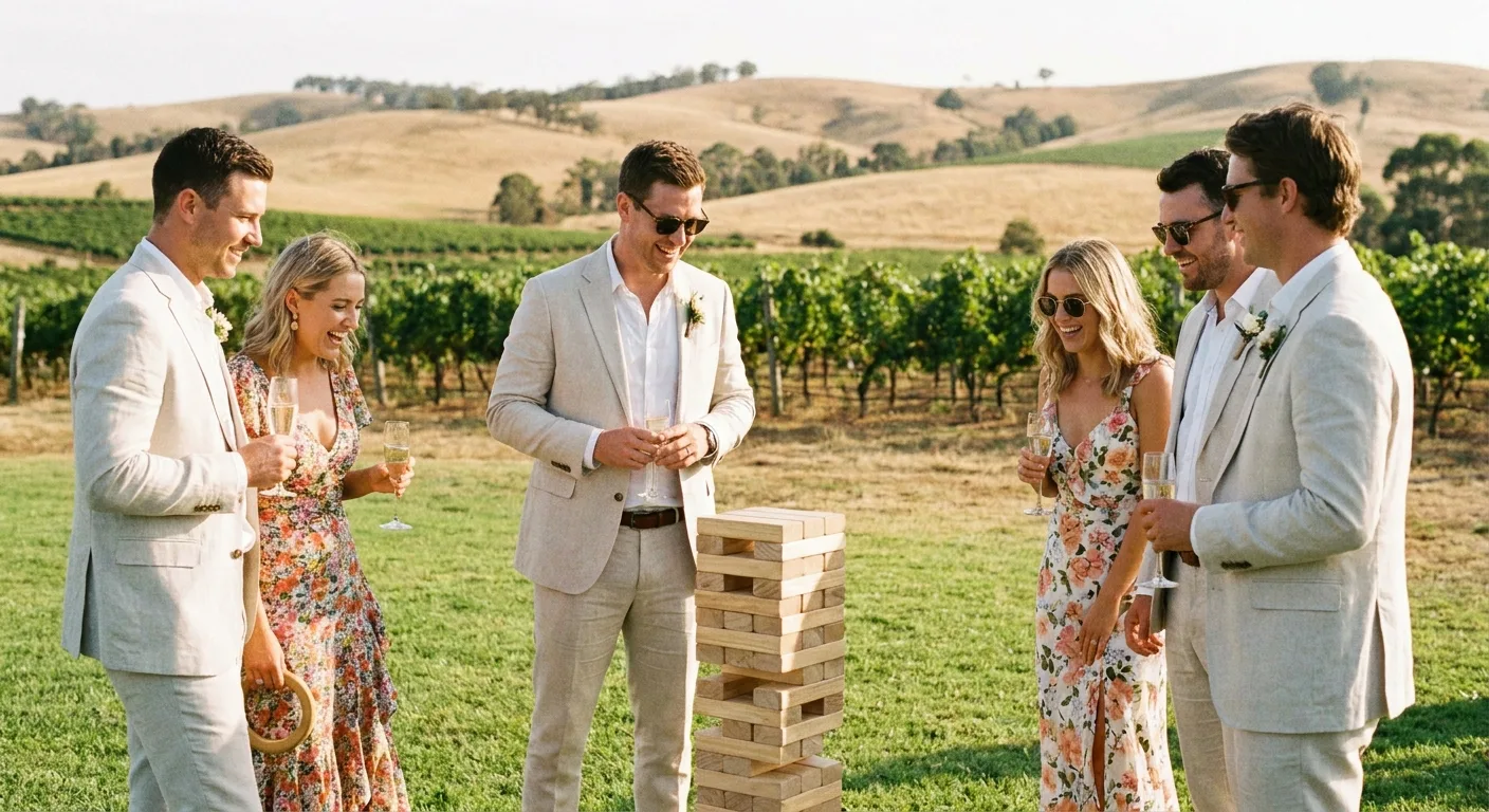 Wedding guests playing giant timber games on a vineyard lawn during pre-dinner drinks (illustrative photo)