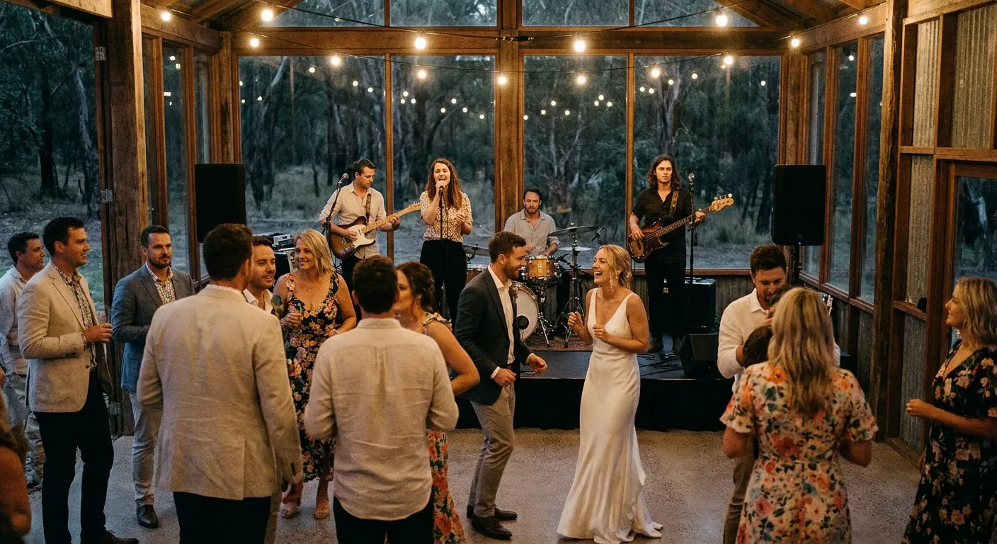 A four-piece wedding band playing while guests dance in a timber and glass reception room (illustrative photo)