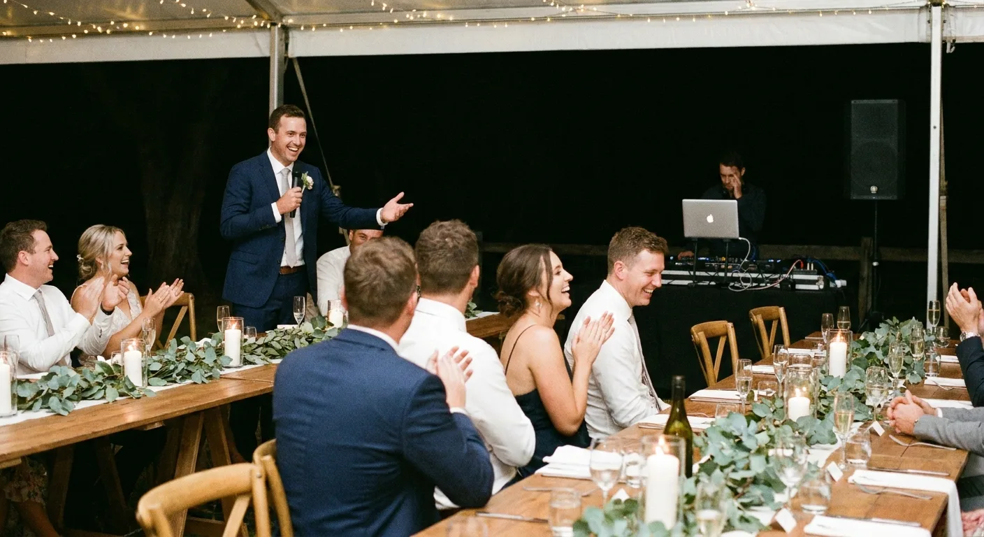 A wedding MC with a microphone introducing the bridal party in a marquee, DJ desk behind him (illustrative photo)