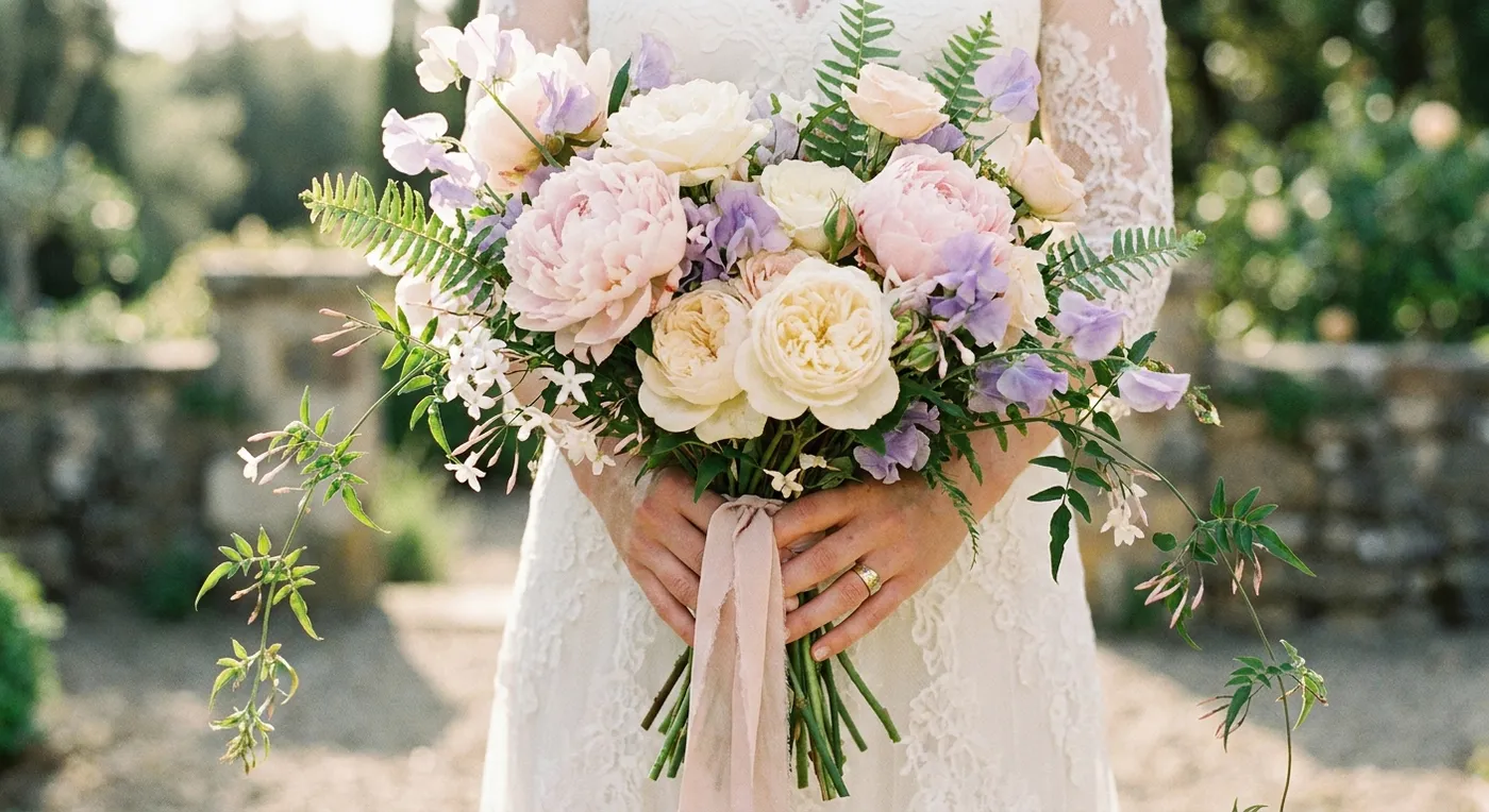 A wedding bouquet up close, a detail shot for a photo bingo square