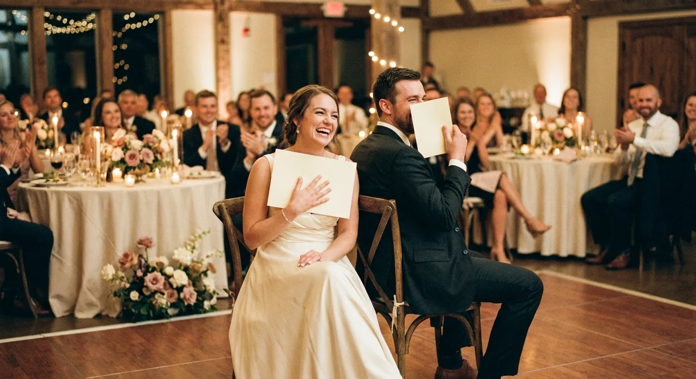 Bride and groom on chairs at the edge of the dance floor holding up answer cards during the Newlywed Game while guests laugh
