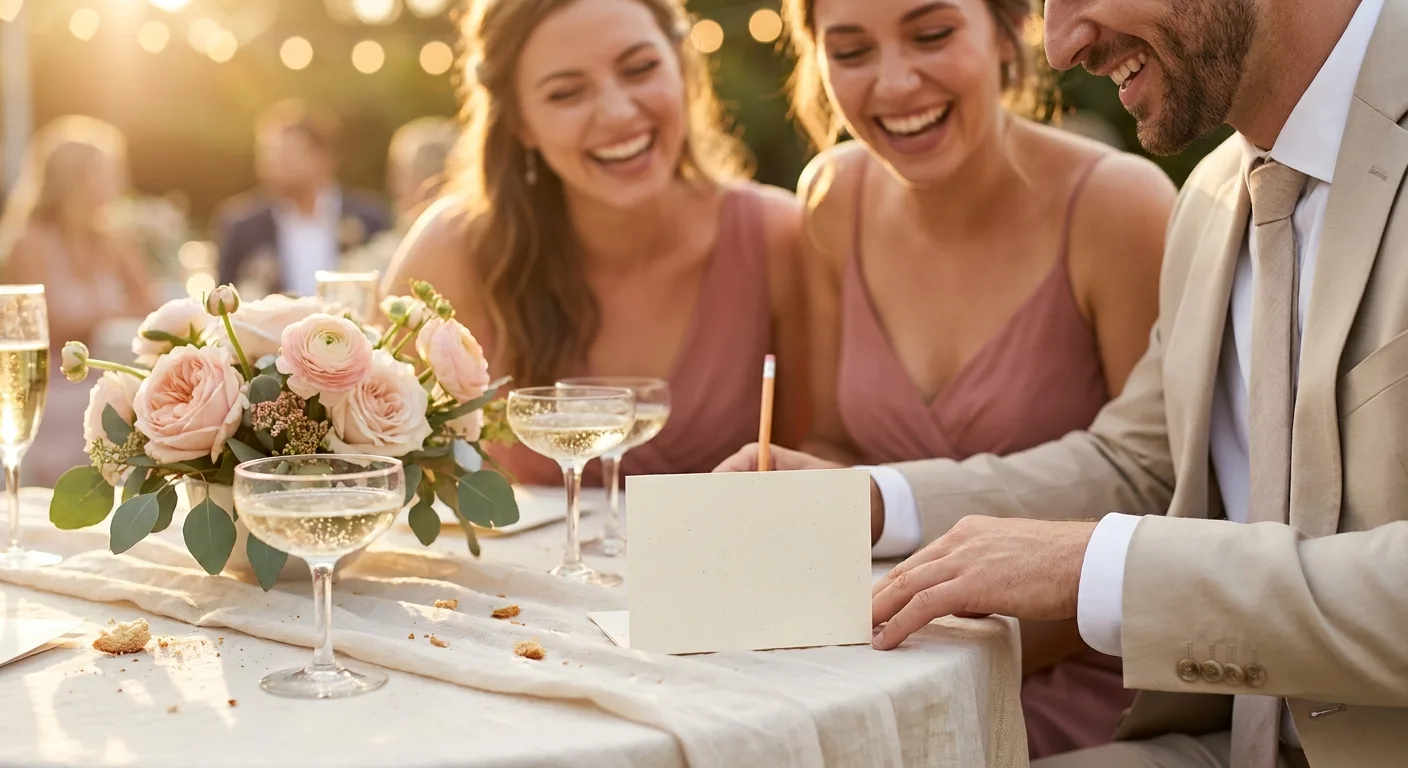Wedding guests laughing at a reception table while one writes a trivia answer on a blank card