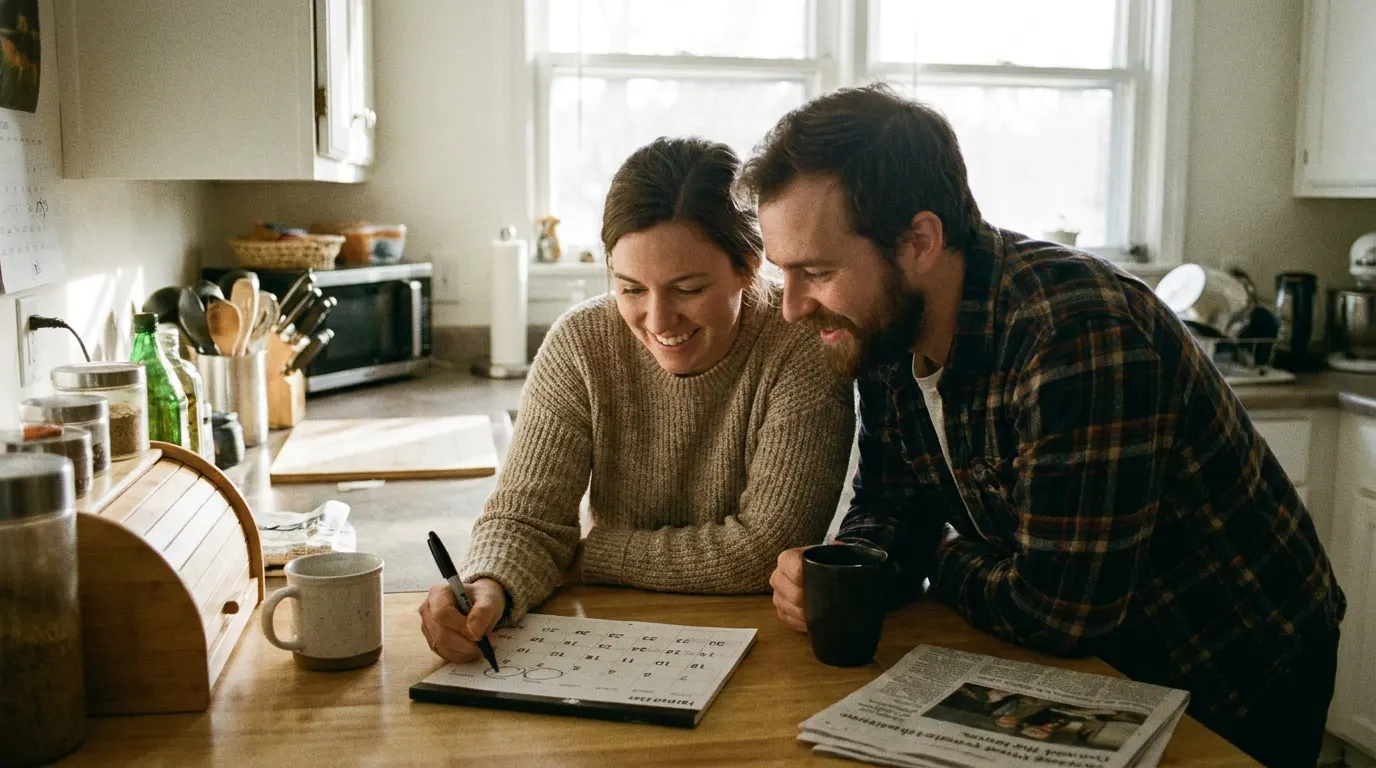 Engaged couple circling a date on a wall calendar