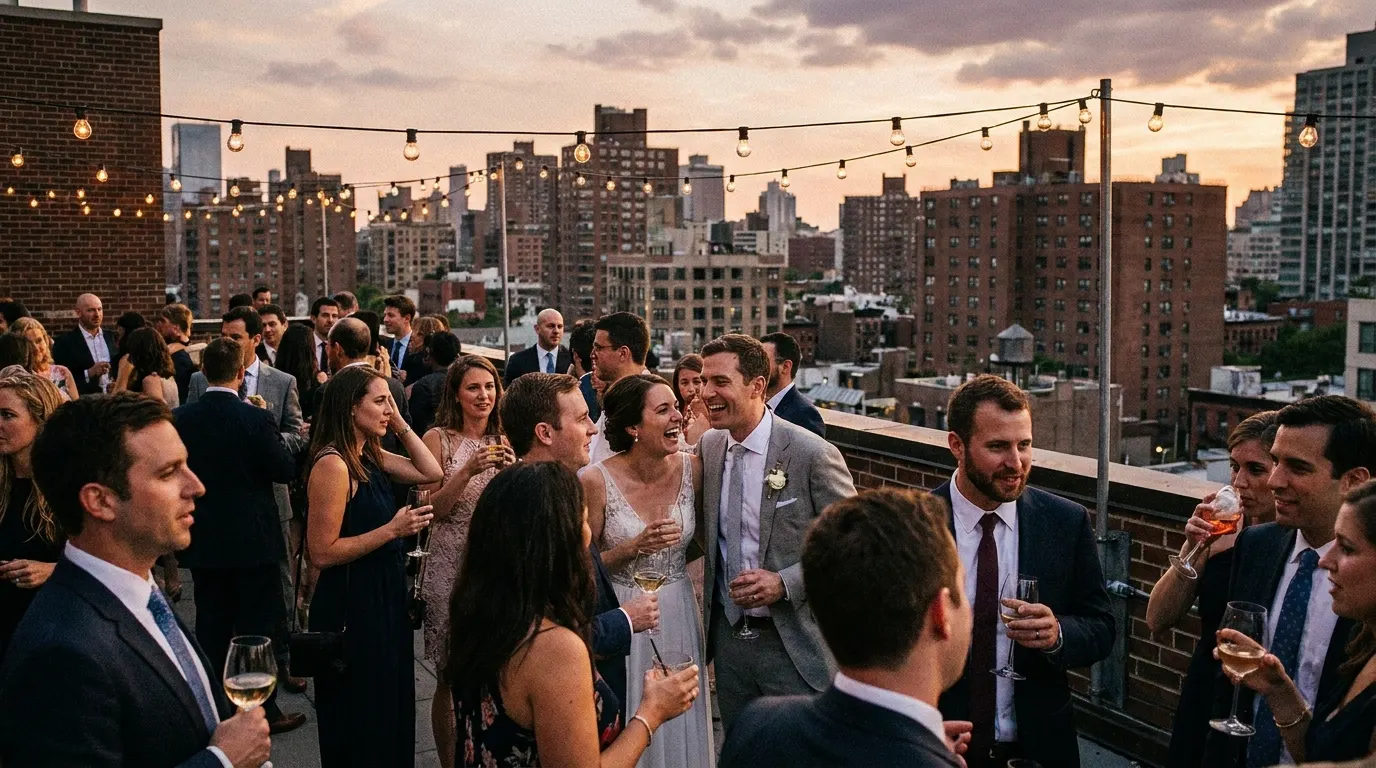 Rooftop wedding reception at dusk with a city skyline and string lights