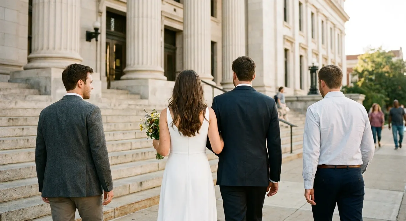 Small civil wedding ceremony in a city hall room with a few guests
