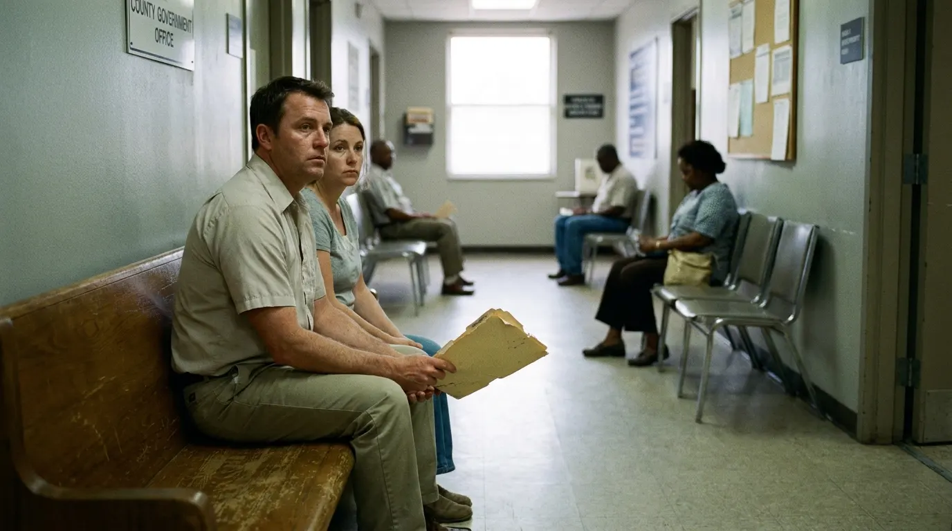 Couple waiting on a bench in a county office hallway with a folder