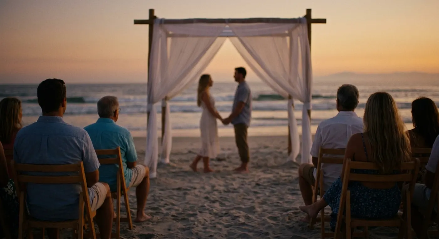 Wedding arch on a beach at sunset with guests seated on the sand