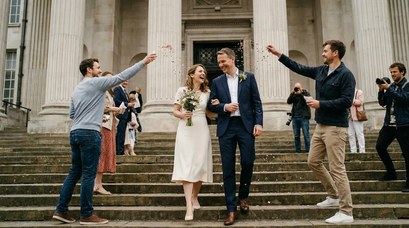Newlyweds walking down courthouse steps as friends toss confetti